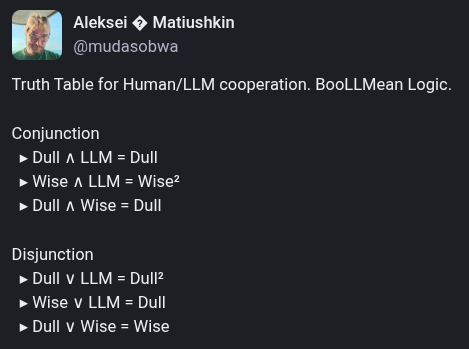 Here is how I think about human and language model interaction, expressed in pristine formal notation—a system I like to call BooLLMean Logic